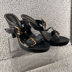 Lauren Ralph Lauren Black Leather Strappy Block Heel Sandals 10M Gold Buckle EUC